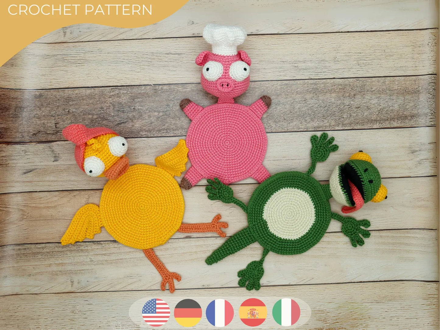 Funny Animal Crochet Coaster Pattern Set β Pig Chef, Duck & Lizard PDF Amigurumi Tutorial